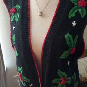 Holiday Christmas Sweater Festive Black V-Neck Red Green Accents Final Sale